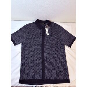 Tahari Men's Navy Blue Buttoned Polo T-shirt‎ Geometric Pattern-M